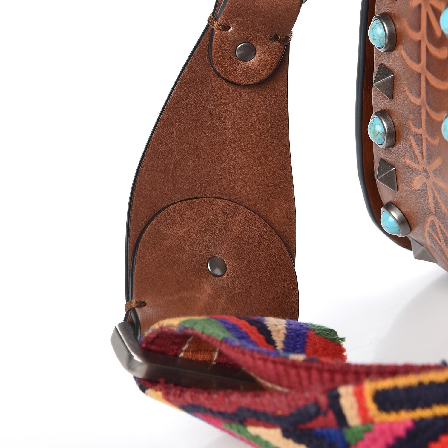 Valentino Garavani Calfskin Embossed Medium Guitar Strap Rockstud Rolling Flap Saddle Bag Tan 7 of 7