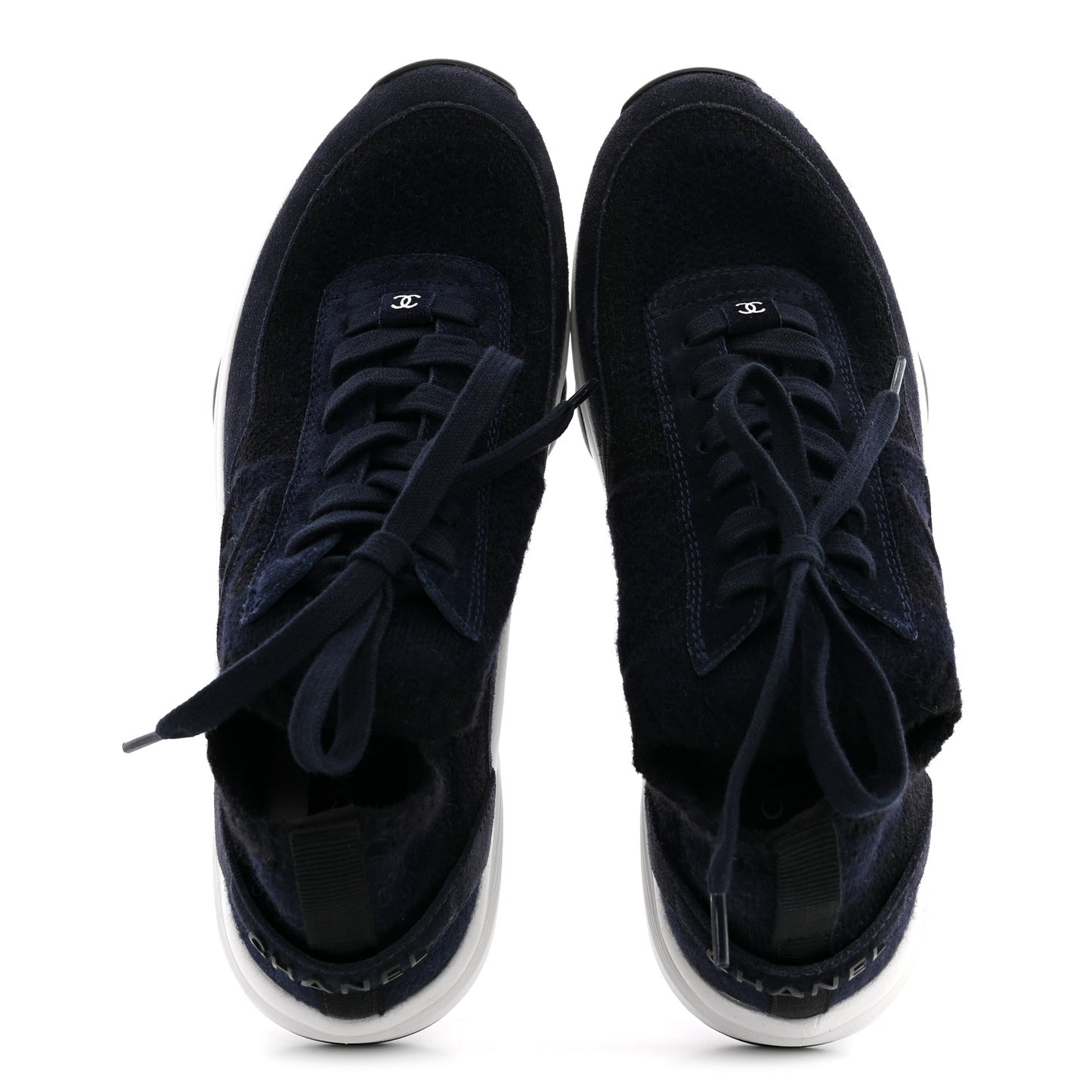 Knit Fabric Suede Calfskin Womens CC Sneakers 38 Navy Black
