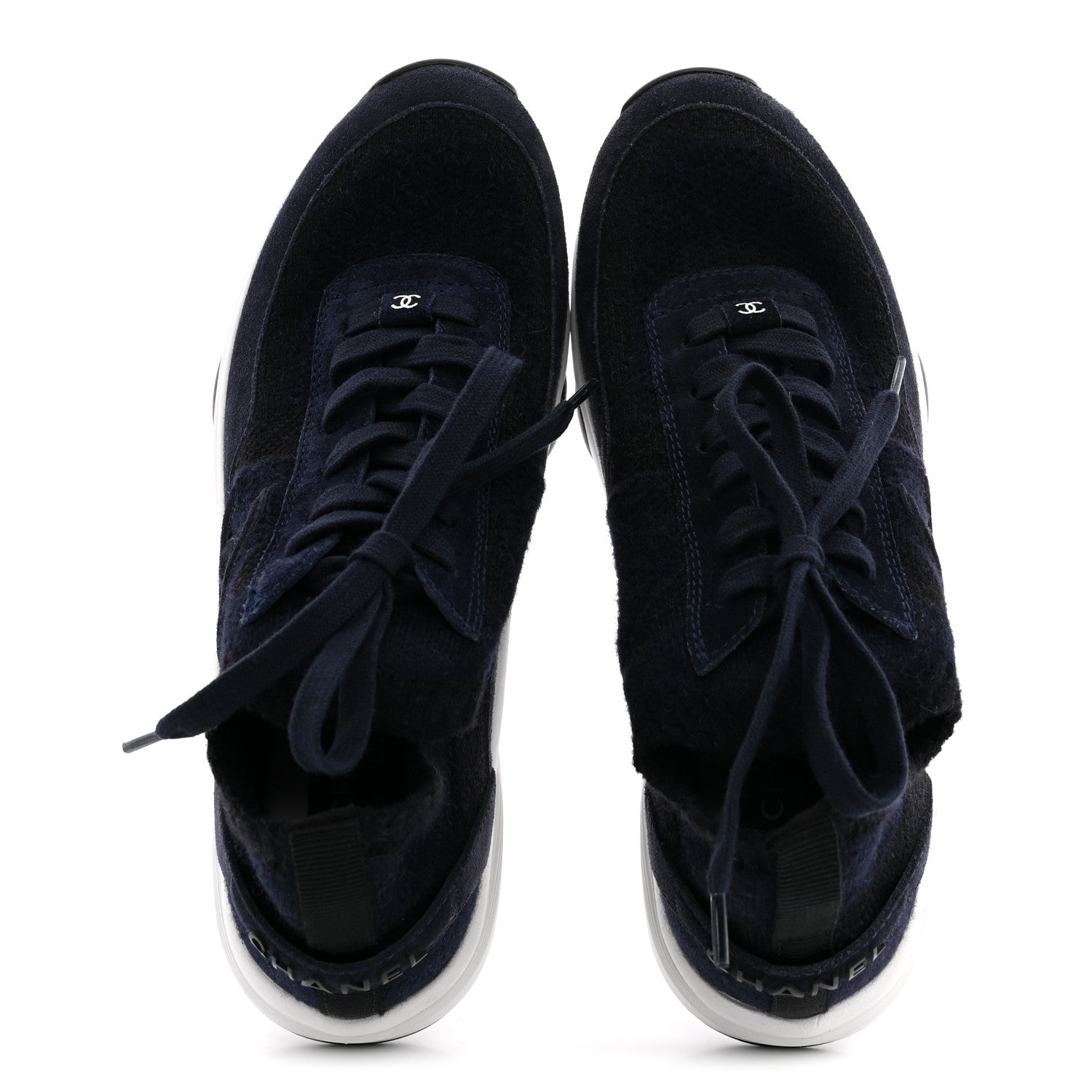Chanel Knit Fabric Suede Calfskin Womens CC Sneakers 38 Navy Black 2 of 8