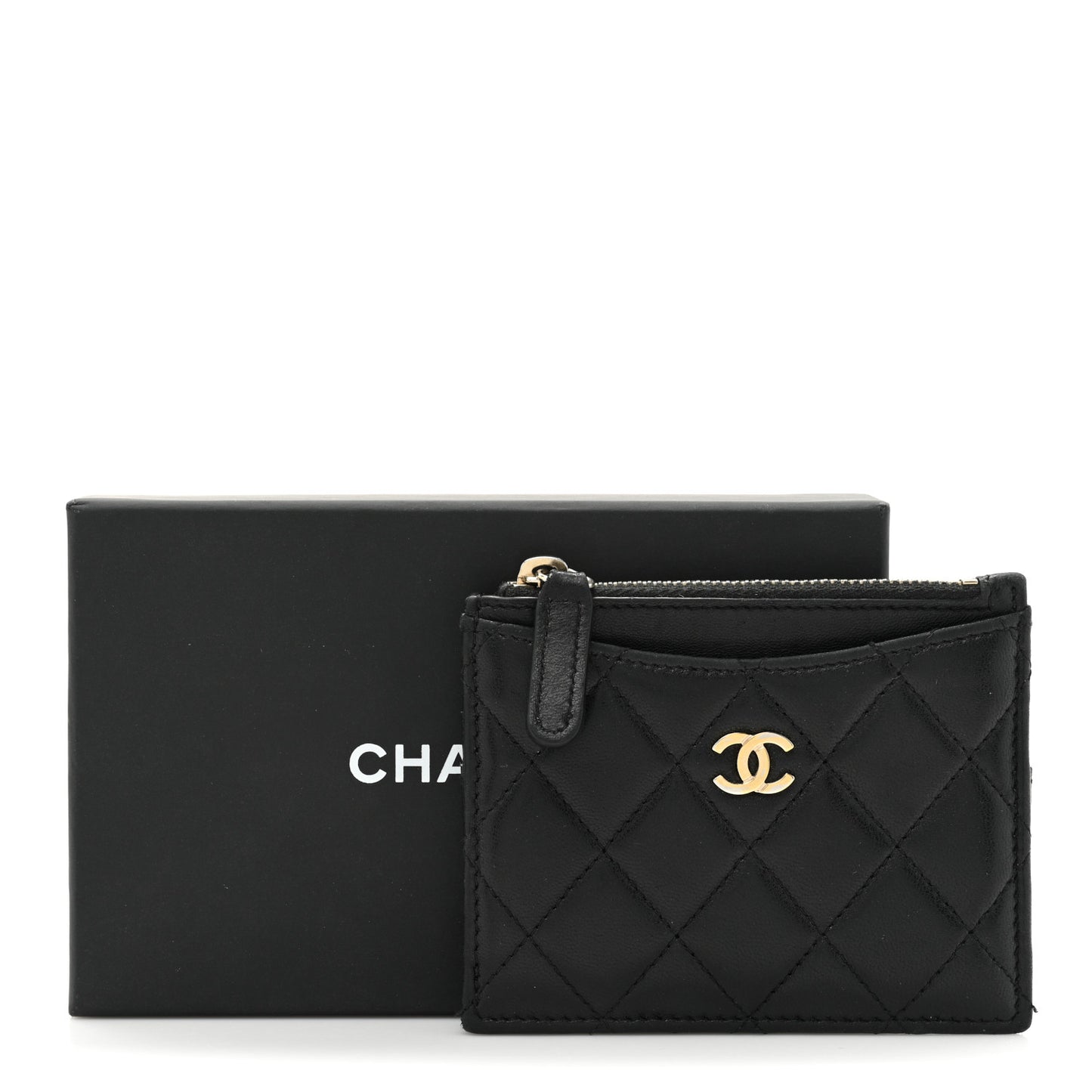 Lambskin Quilted Zip Card Holder Black