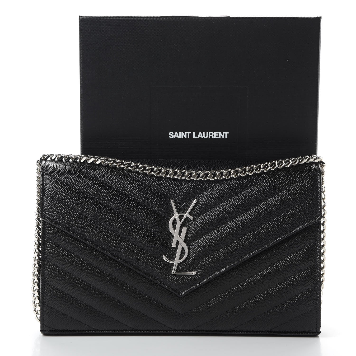 Saint Laurent Grain De Poudre Matelasse Chevron Monogram Chain Wallet Black 11 of 11