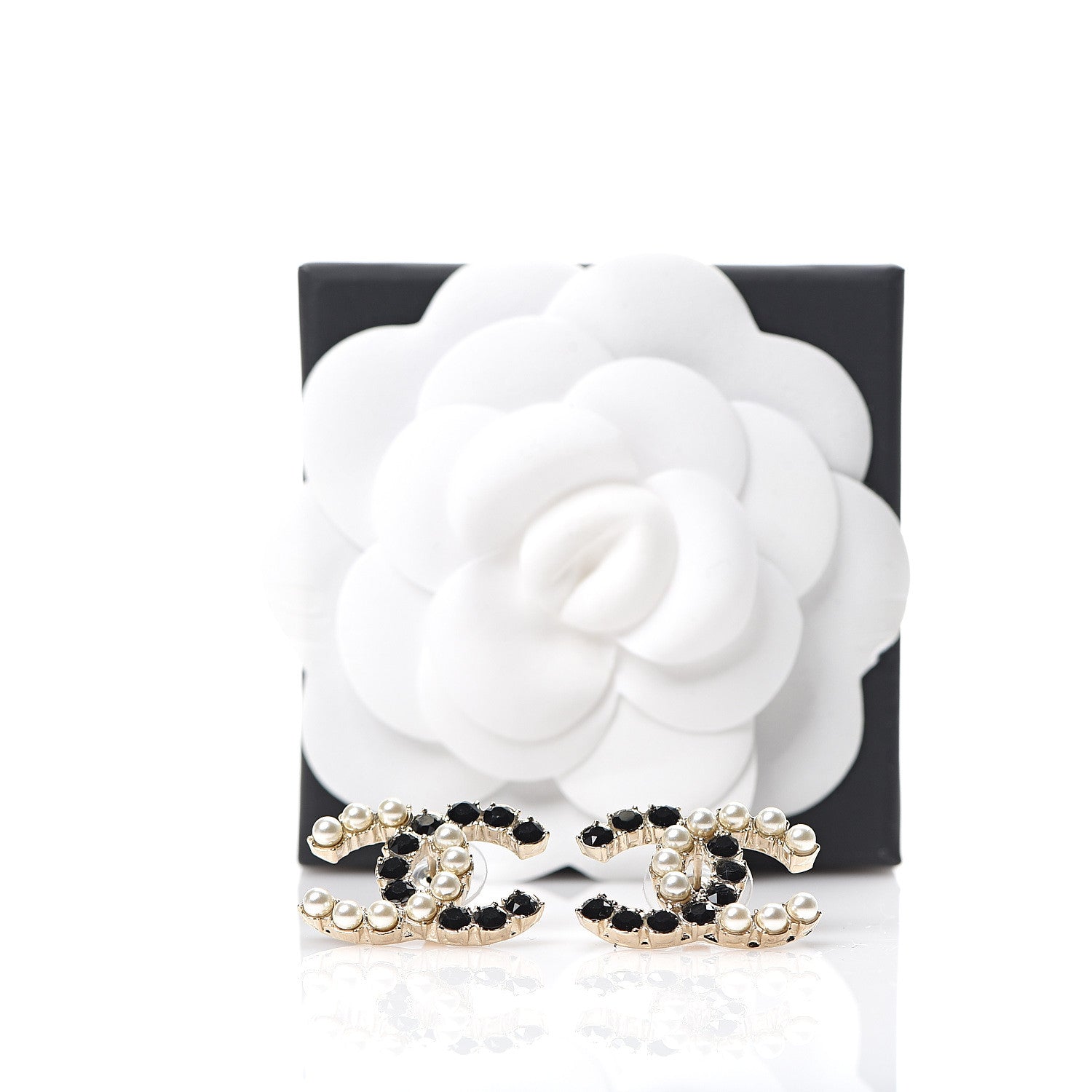 Chanel Resin Pearl CC Dazzling Domino Earrings Gold Black 5 of 5