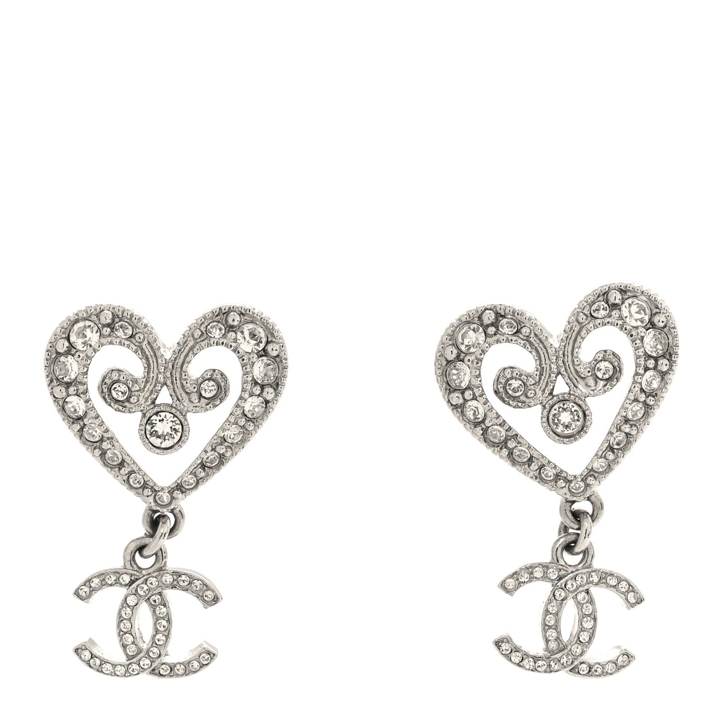 Crystal CC Heart Drop Earrings Silver