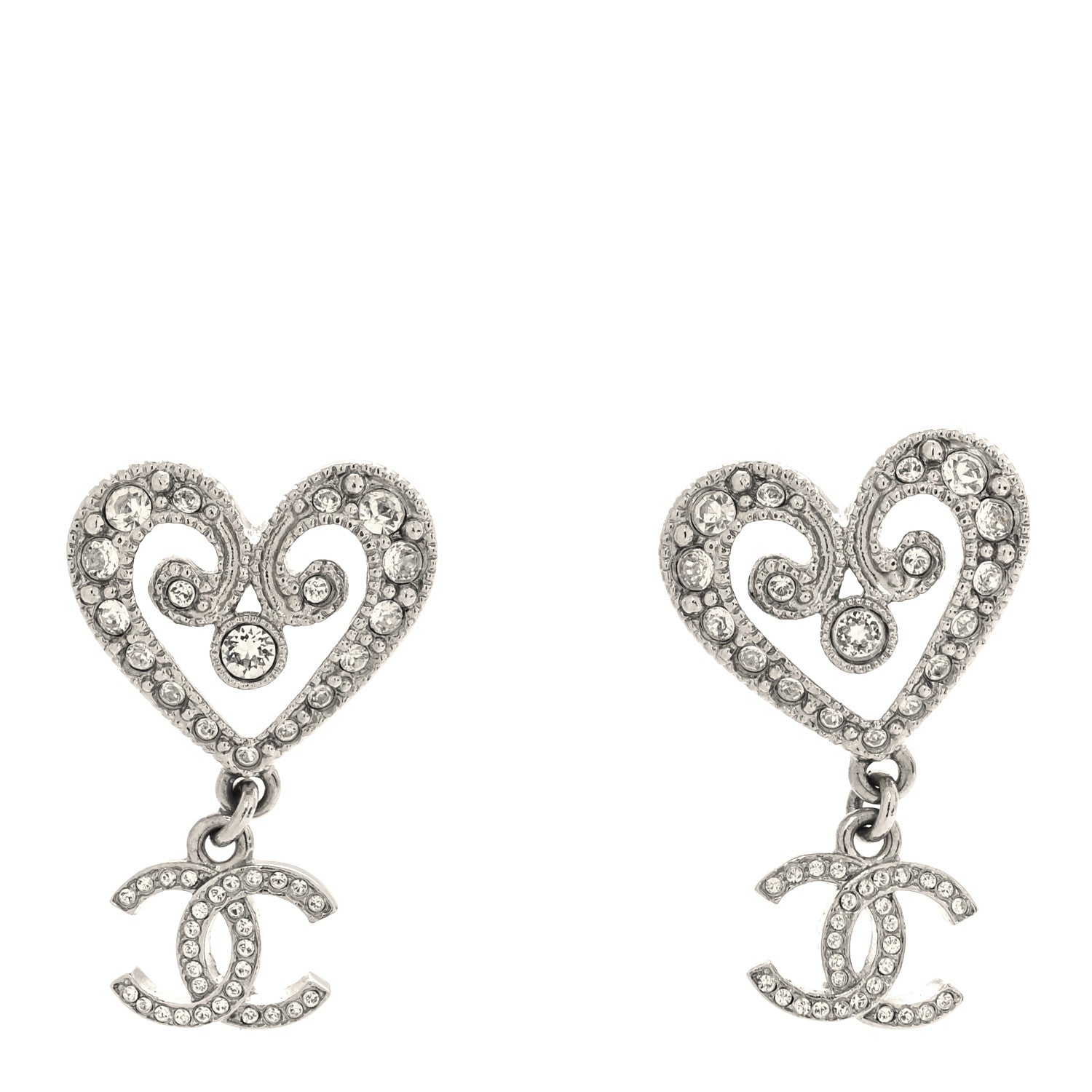 Chanel Crystal CC Heart Drop Earrings Silver 1 of 5