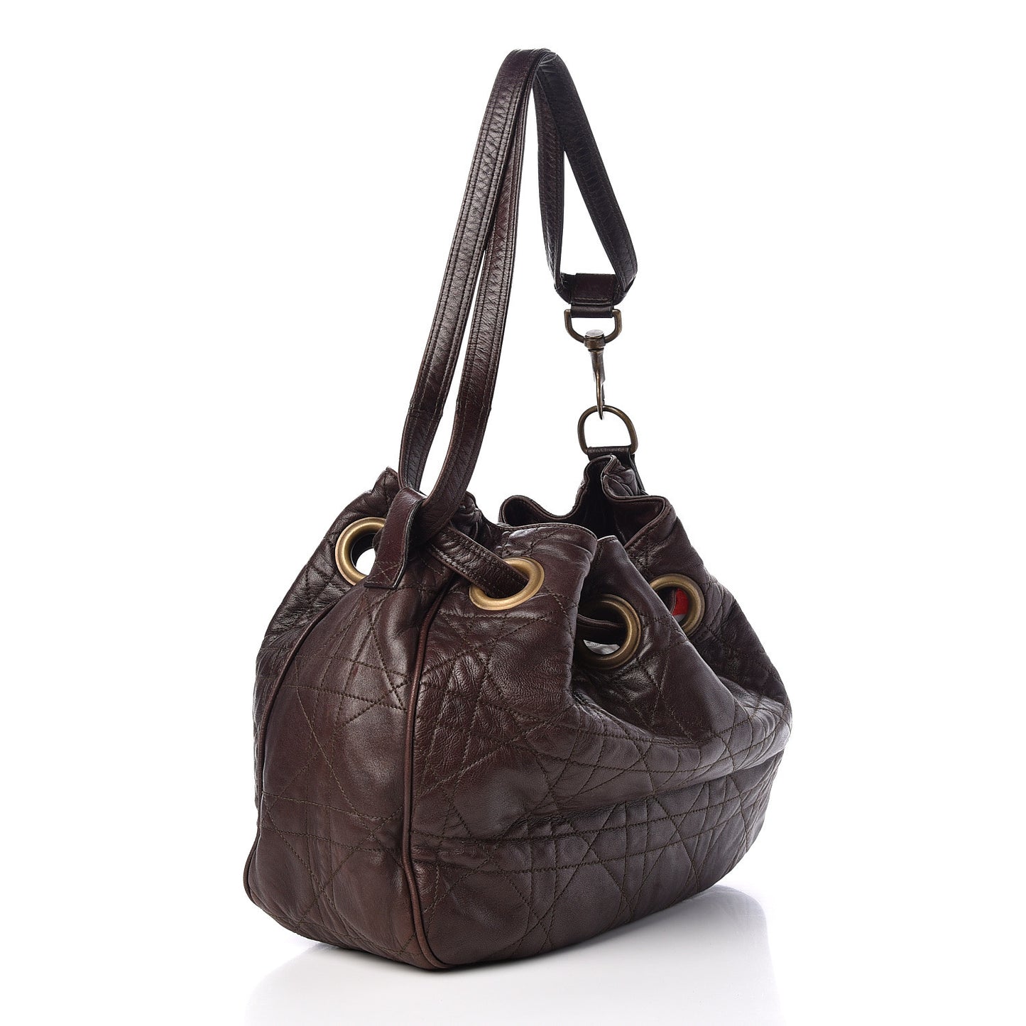 Lambskin Cannage Drawstring Bag Dark Brown