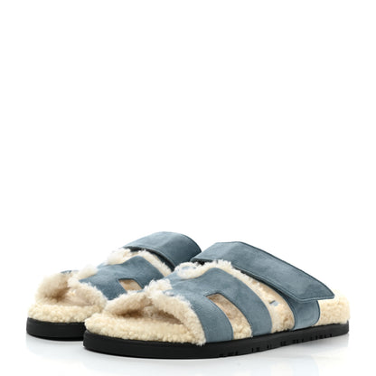 Hermes Suede Goatskin Woolskin Womens Chypre Sandals 37.5 Bleu Pinede Ecru 3 of 8
