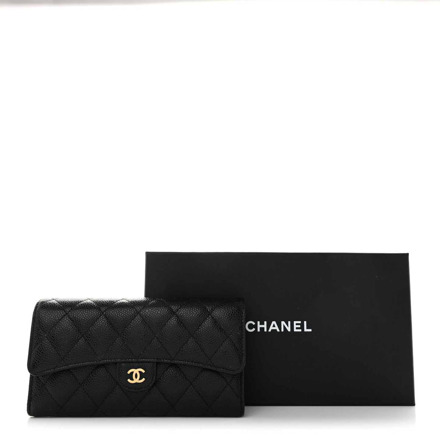 Caviar Quilted Large Gusset Flap Wallet Black