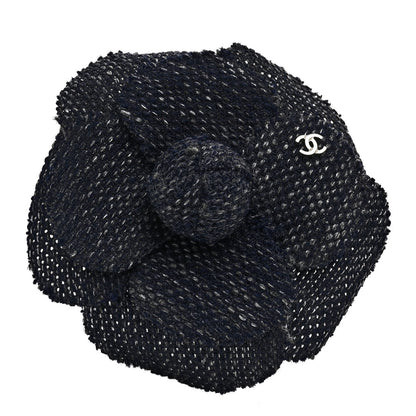 Chanel Tweed Camellia CC Pin Brooch Blue 1 of 4