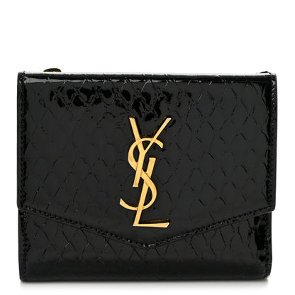 Saint Laurent Shiny Calfskin Crocodile Embossed Monogram Uptown Compact Wallet  Black 1 of 9