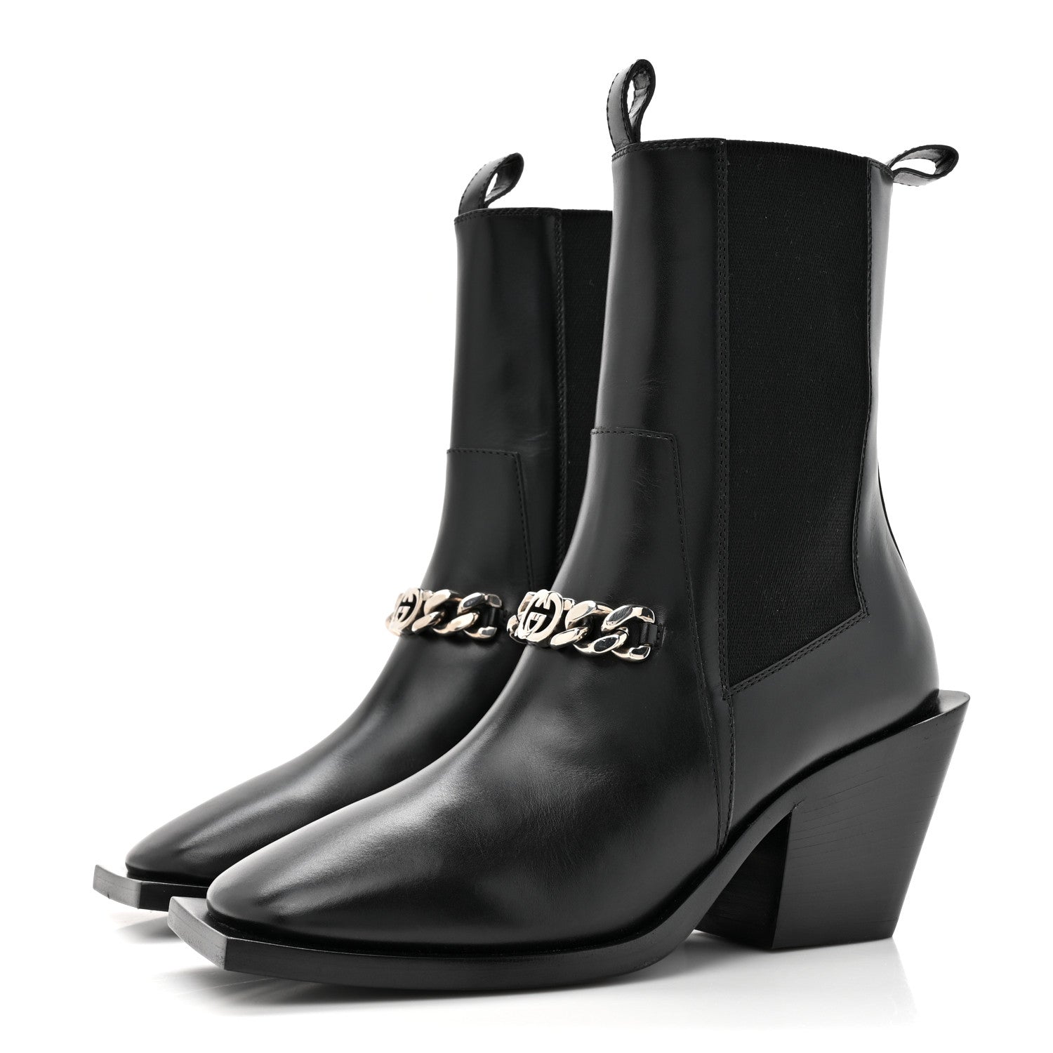 Gucci New Waxed Calfskin Chain Square Toe Boots 35.5 Black 3 of 10