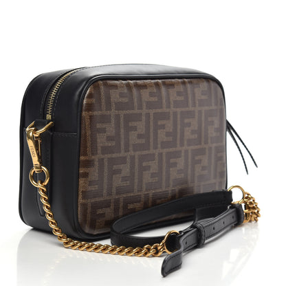 Fendi Glazed Fabric Vitello Century FF 1974 Stamp Patch Camera Case Mogano Panna Black 3 of 11