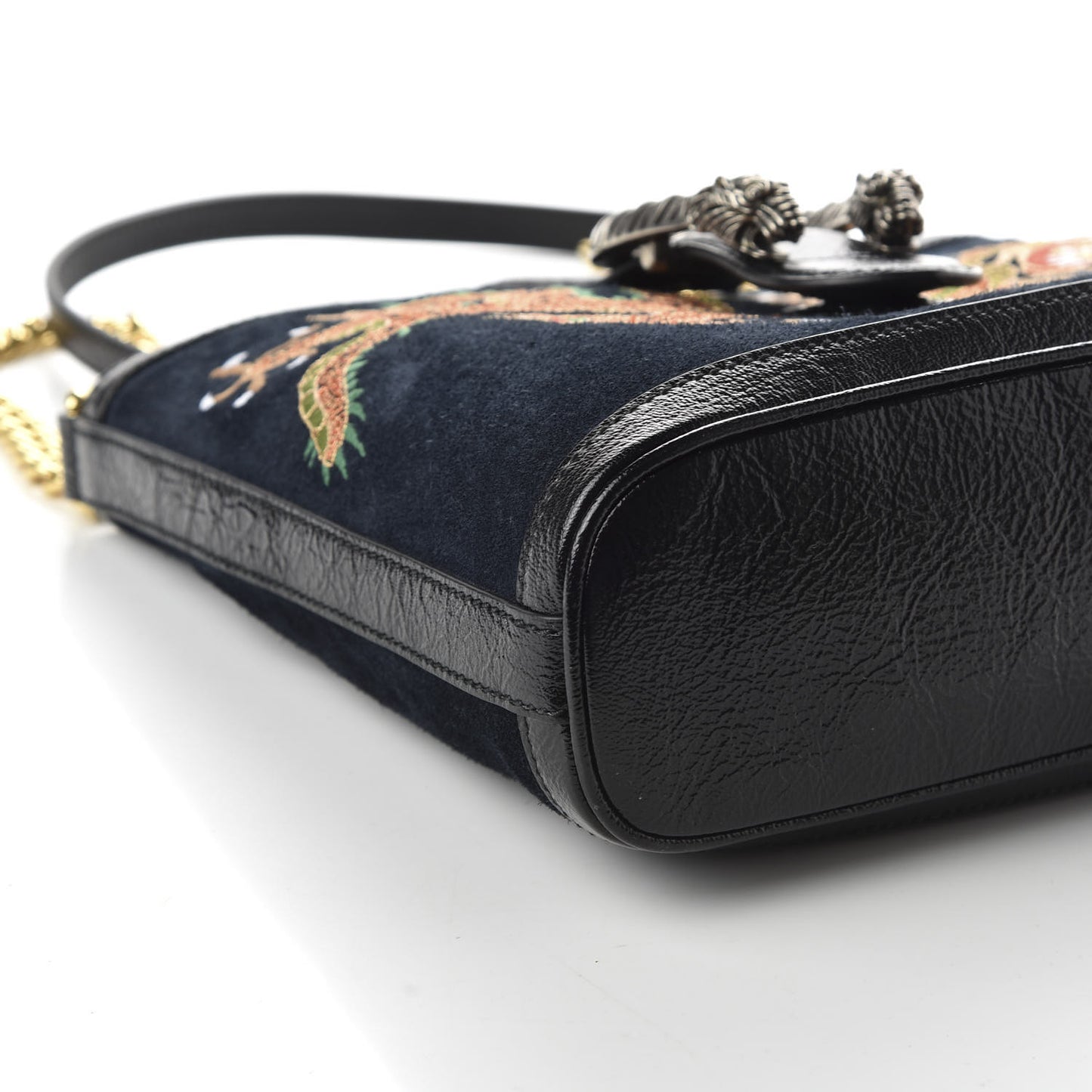Suede Patent Dragon Embroidered Medium Dionysus Bucket Bag Dark Blue