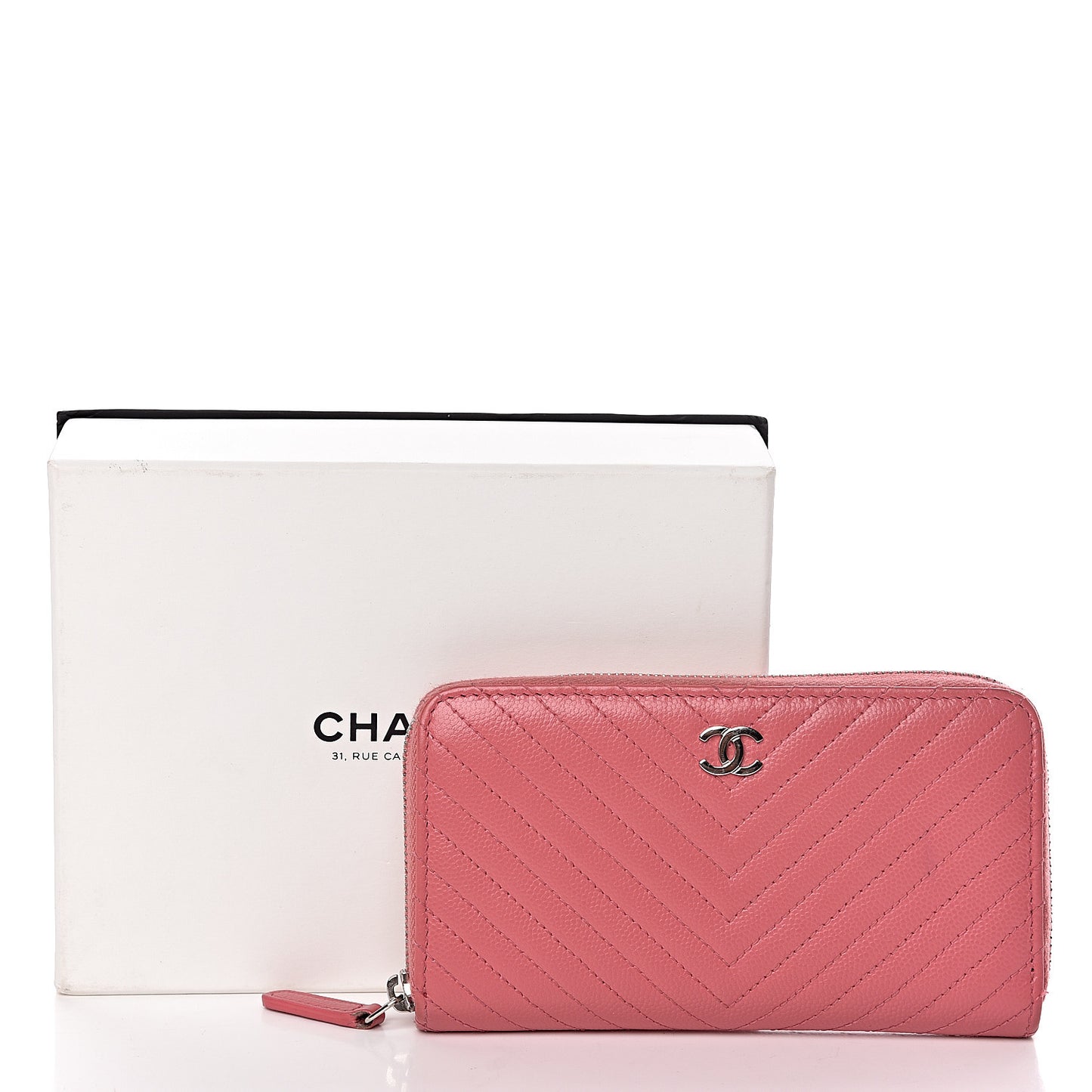 Caviar Chevron Quilted Small Zip Around Wallet Pink