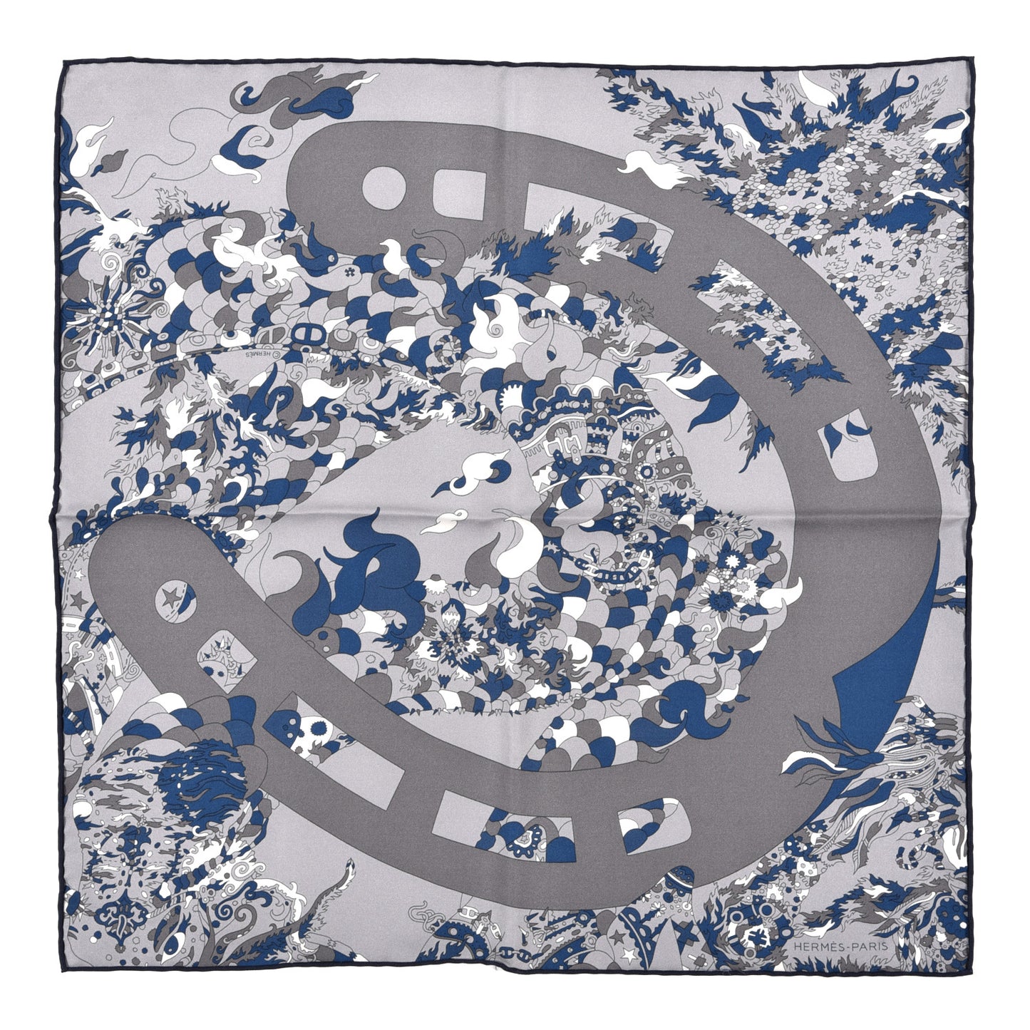 Silk Vintage Quatre Chevaux Detail Scarf 45 Gris Bleu
