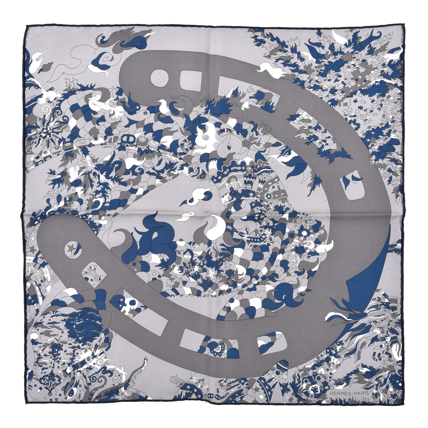 Hermes Silk Vintage Quatre Chevaux Detail Scarf 45 Gris Bleu 1 of 4