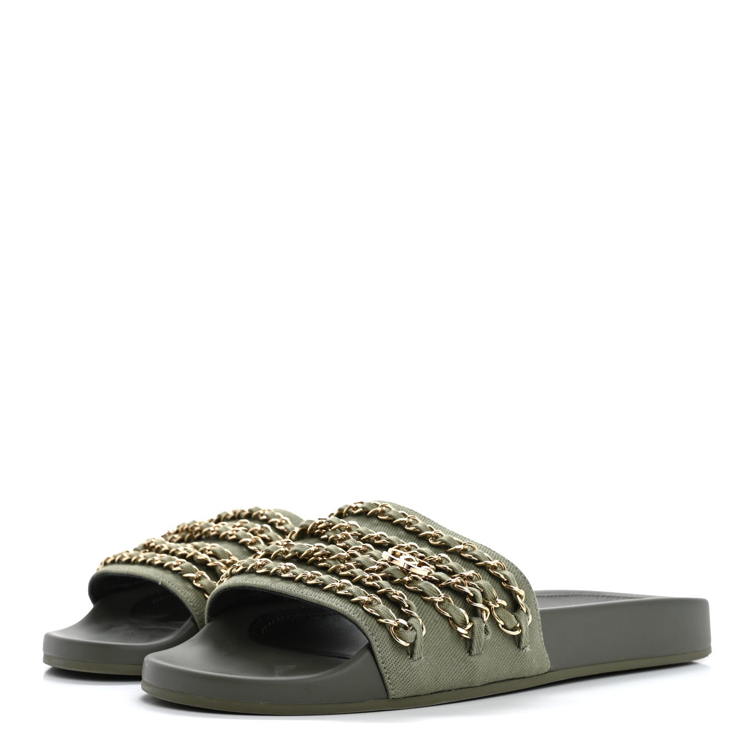 Chanel Canvas Chain Flat Sandals 40 Khaki 4 of 14