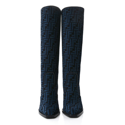 Fendi Chenille Jacquard FF 110mm Knee Boots 39 Black Blue 2 of 9