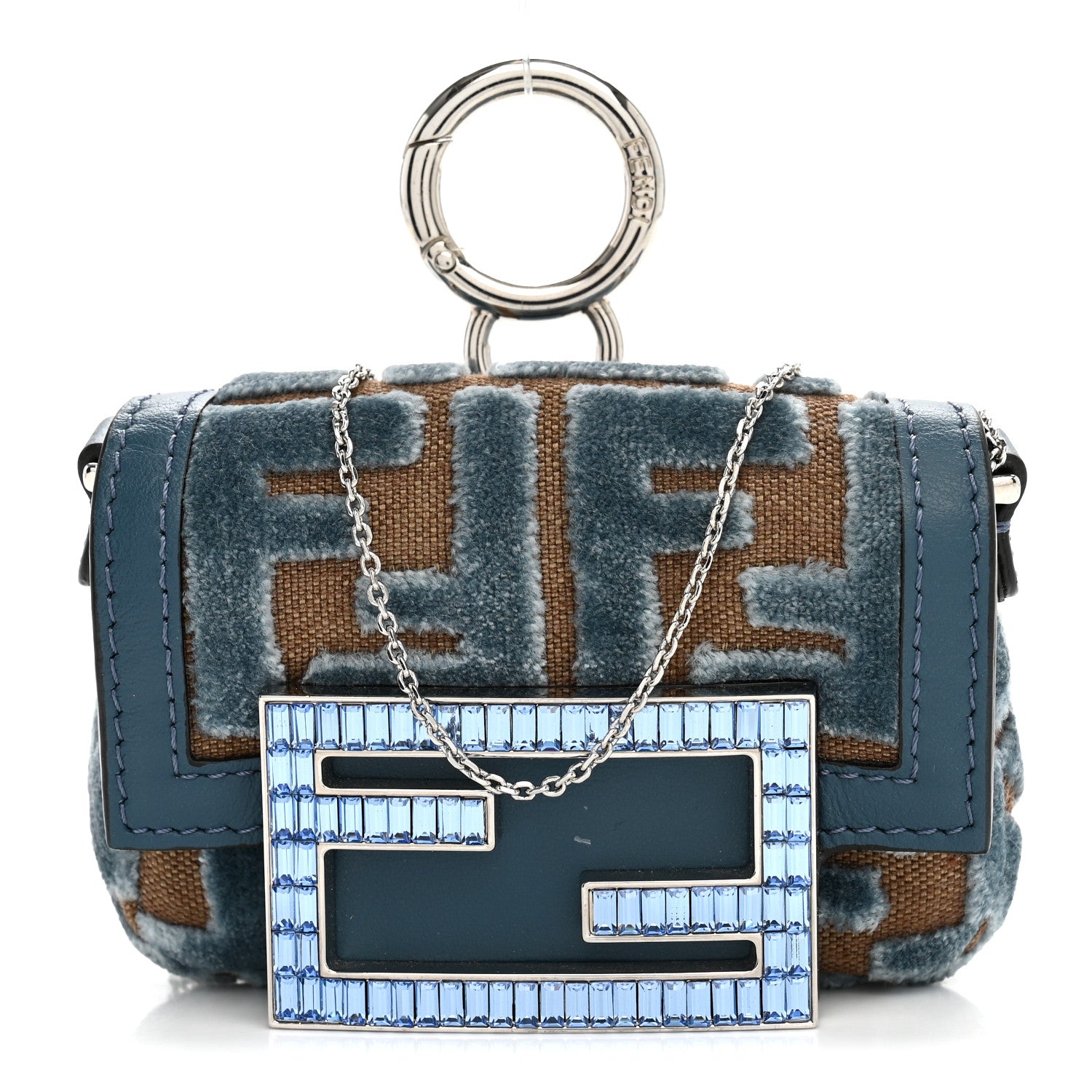Fendi Velvet Jacquard FF Crystal Nano Baguette Charm Anice 1 of 10