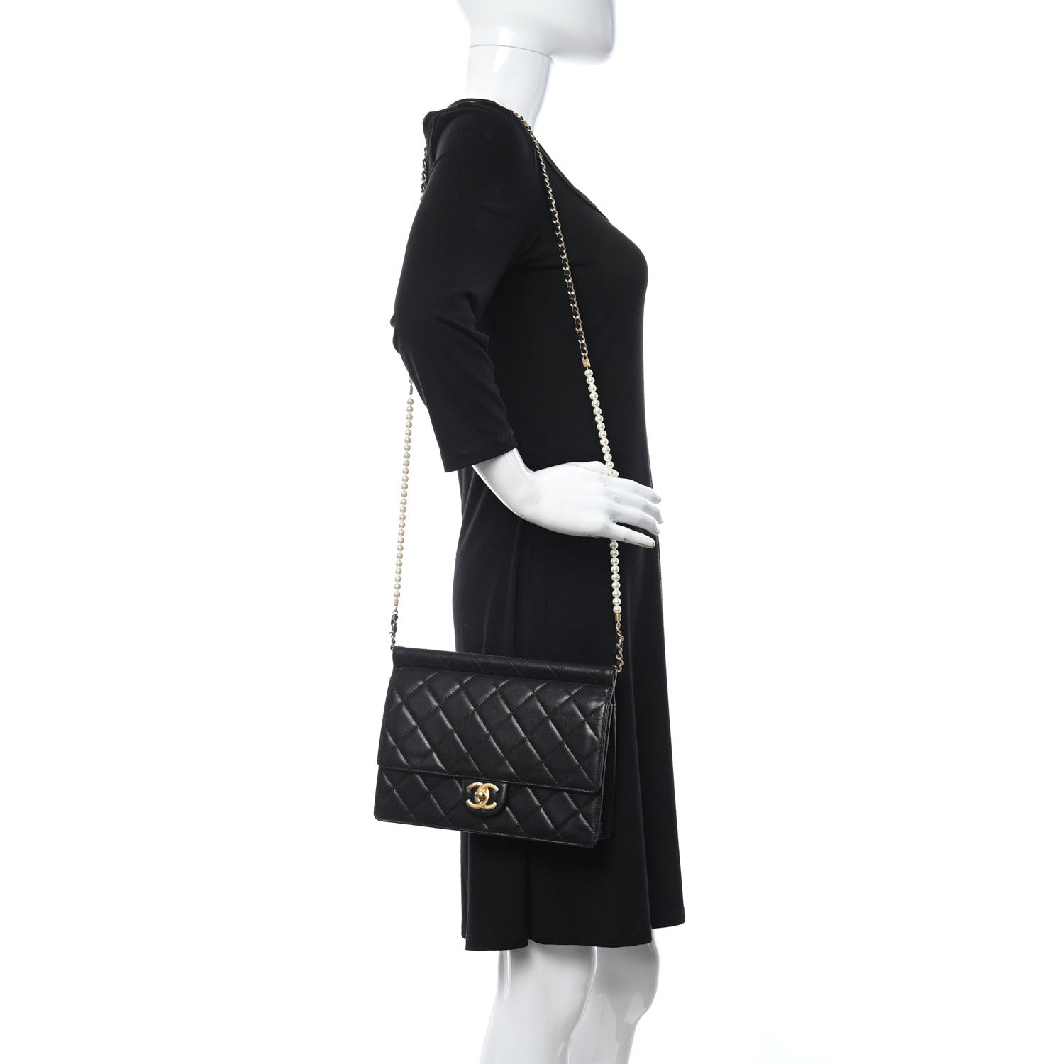 Chanel Goatskin Quilted Pearl Chain Flap Bag Black 3 of 14