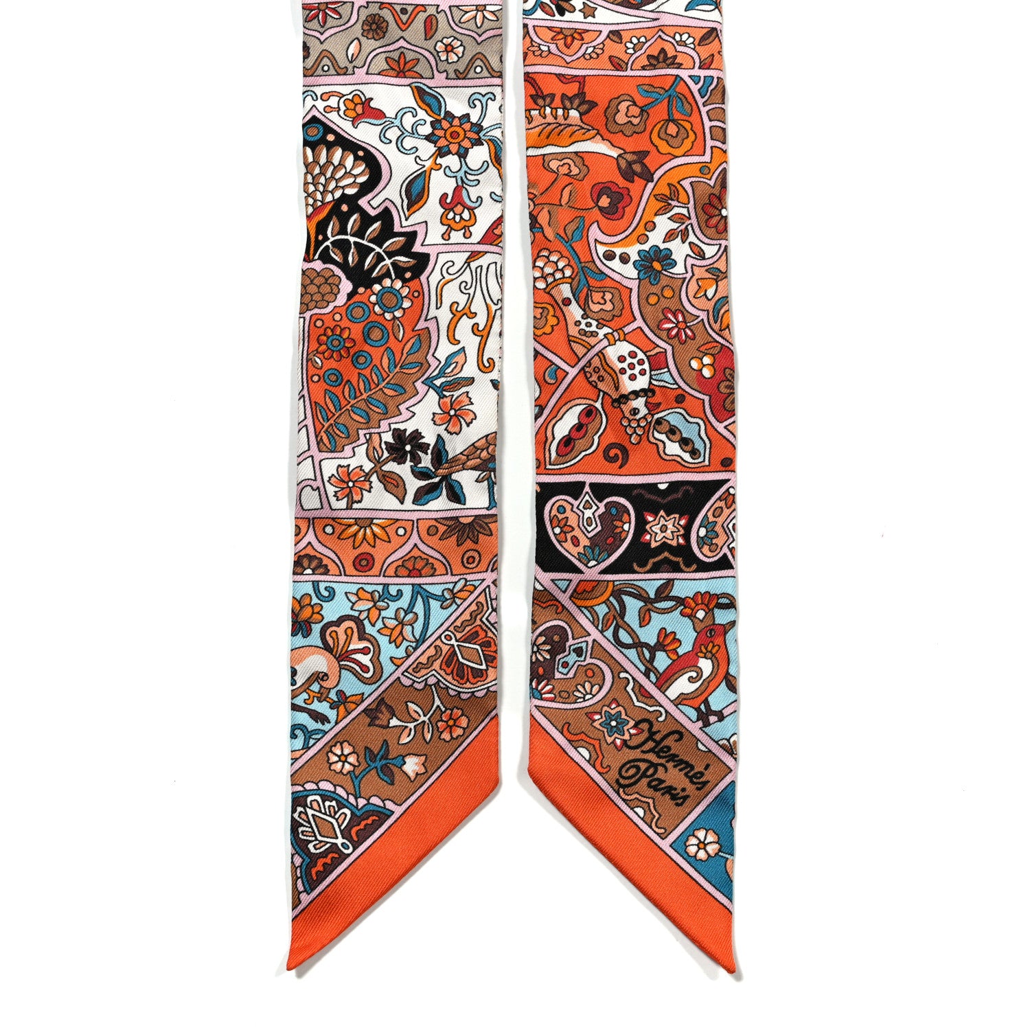 Hermes Silk Au Pays Des Oiseaux Fleurs Twilly Orange Brun Saumon 2 of 4