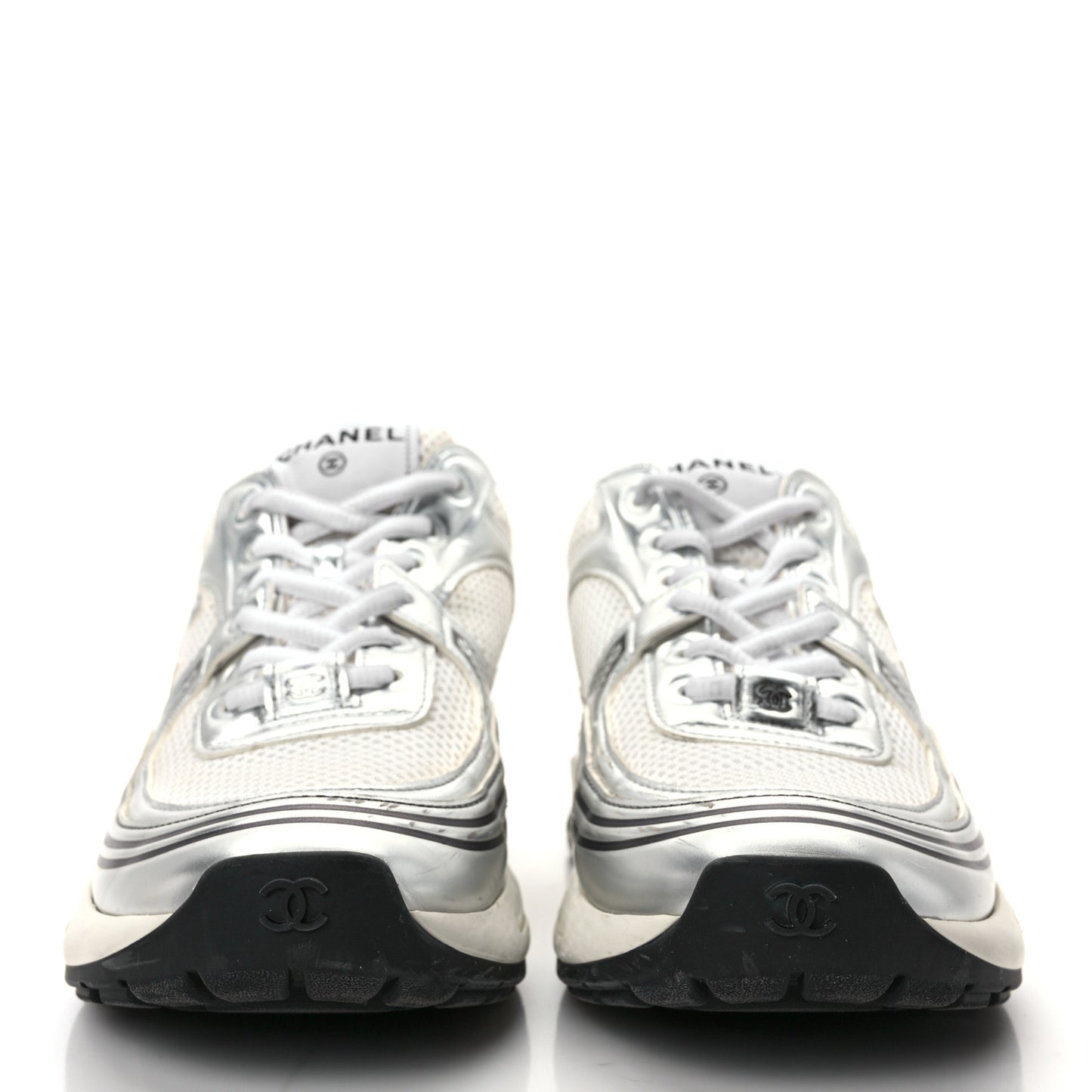 Fabric Laminated Calfskin Stretch CC Sneakers 38 White Silver