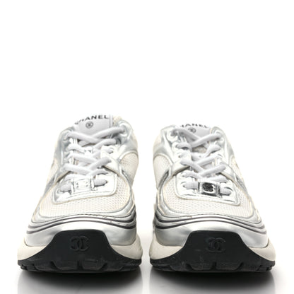 Chanel Fabric Laminated Calfskin Stretch CC Sneakers 38 White Silver 2 of 9