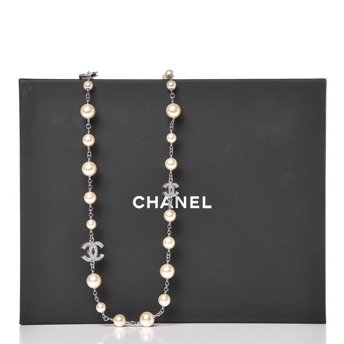 Crystal Pearl CC Long Necklace Silver