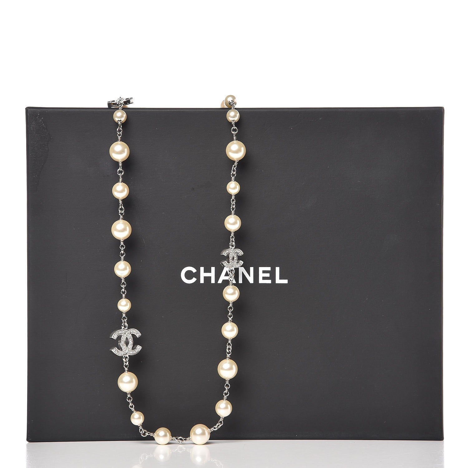 Chanel Crystal Pearl CC Long Necklace Silver 5 of 5