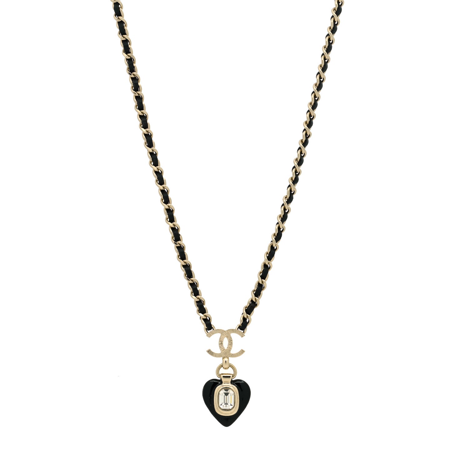 Lambskin Crystal Pearl CC Heart Drop Necklace Gold Black