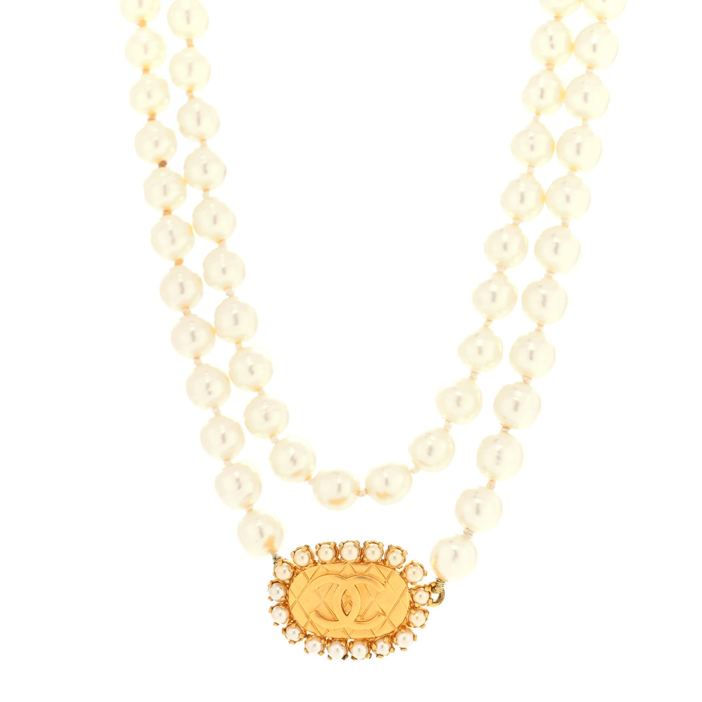 Metal Pearl CC Chain Choker Necklace Gold White