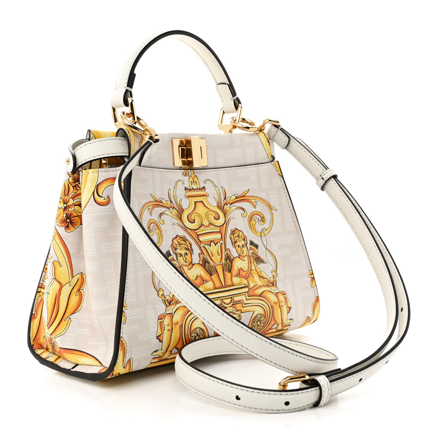 X VERSACE Vitello Seta Nappa Fendace FF Baroque Mini Peekaboo Iconic Satchel White Ice Gold
