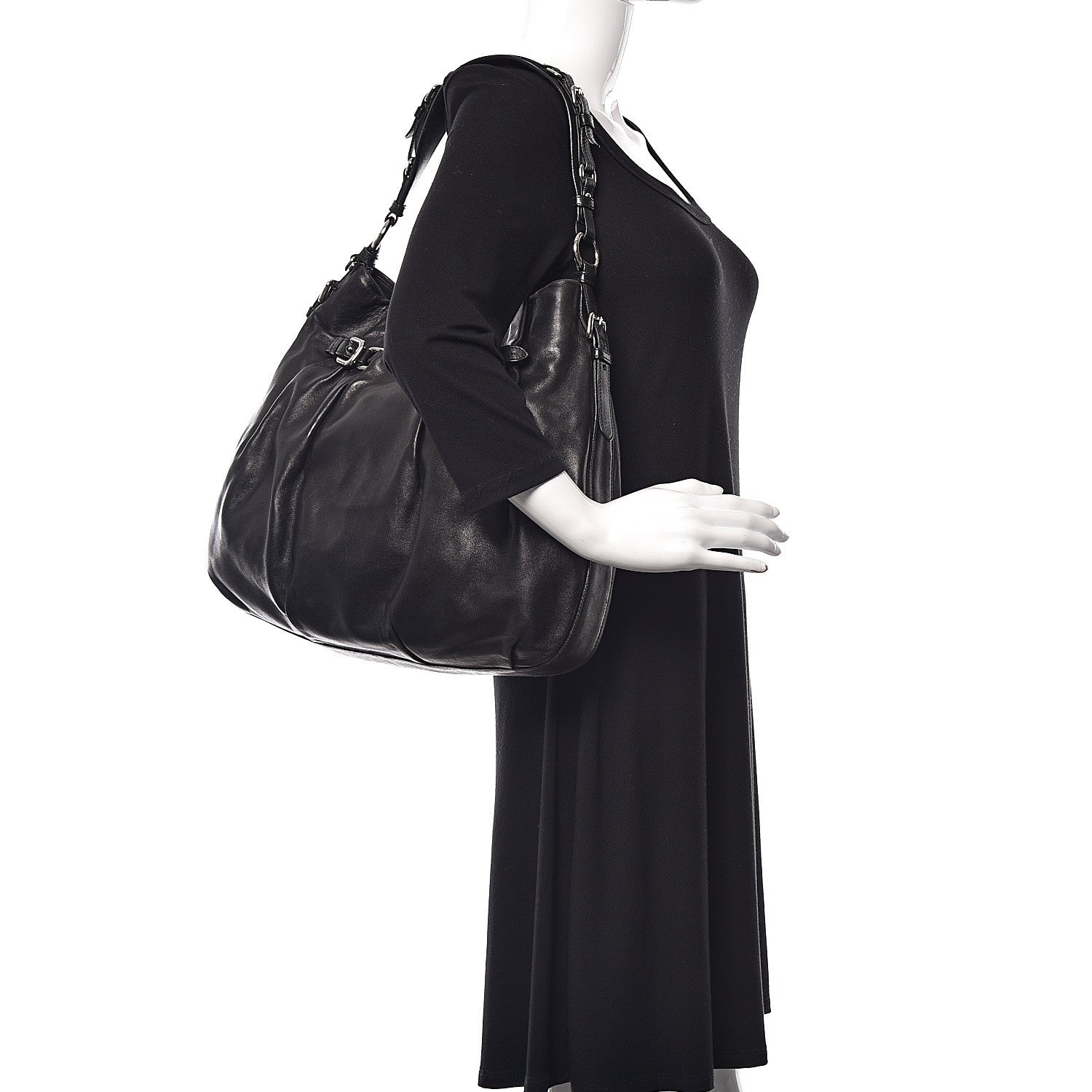 Prada Soft Calf Pleated Hobo Black 2 of 11