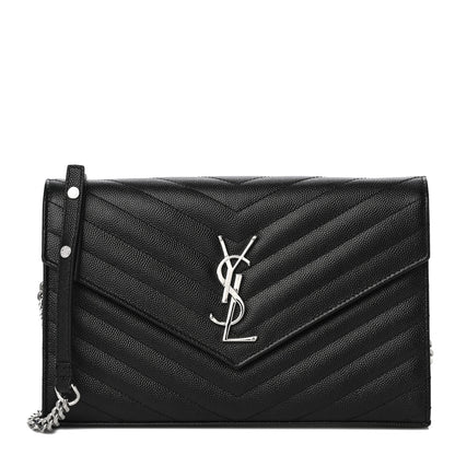 Saint Laurent Grain De Poudre Matelasse Chevron Monogram Chain Wallet Black 1 of 11