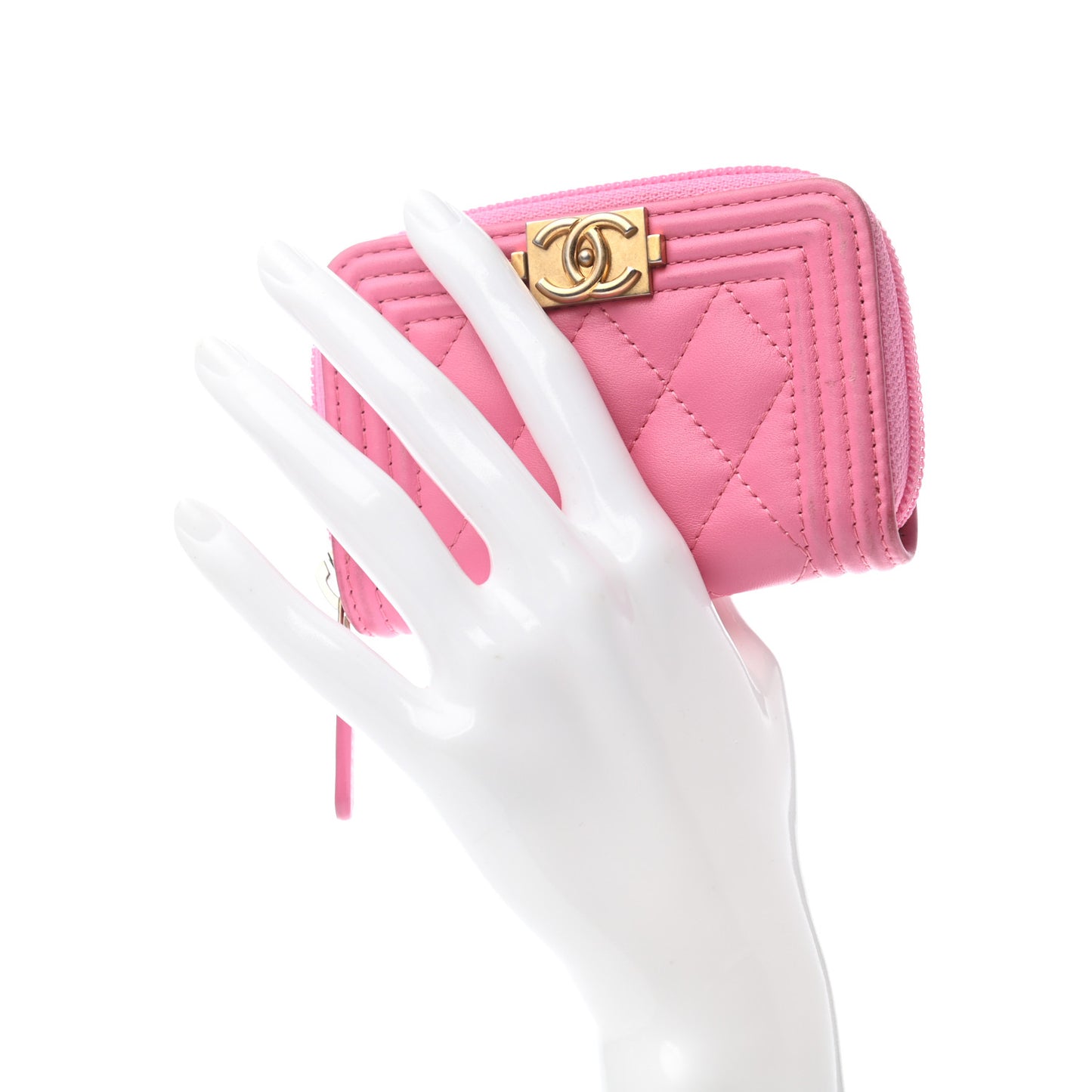 Calfskin Quilted Boy Zip Around Coin Purse Wallet Fuchsia