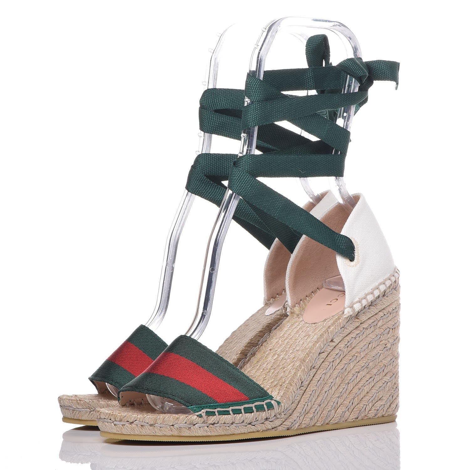 Gucci Canvas Malaga Kid Web Ankle Wrap Espadrille Wedge Sandals 36.5 Green Red Mystic White Emerald 3 of 13