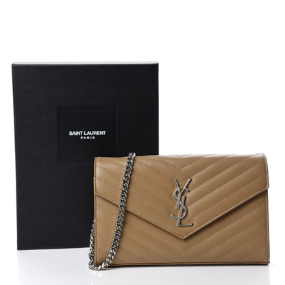 Saint Laurent Grain De Poudre Matelasse Chevron Monogram Chain Wallet Deep Beige 12 of 12