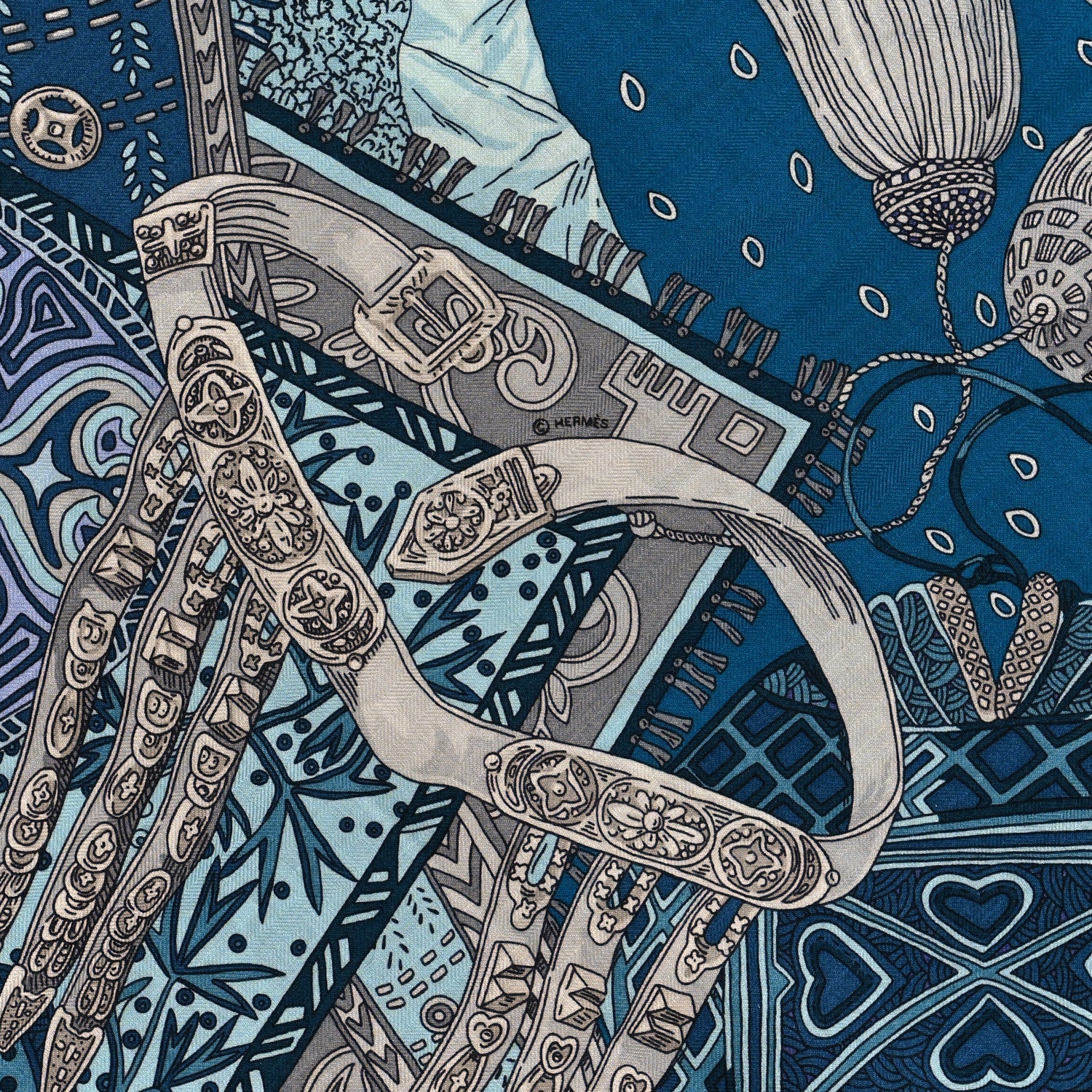 Hermes Cashmere Silk Cavaliers du Caucase Shawl 140 Bleu Gris Parme 4 of 6