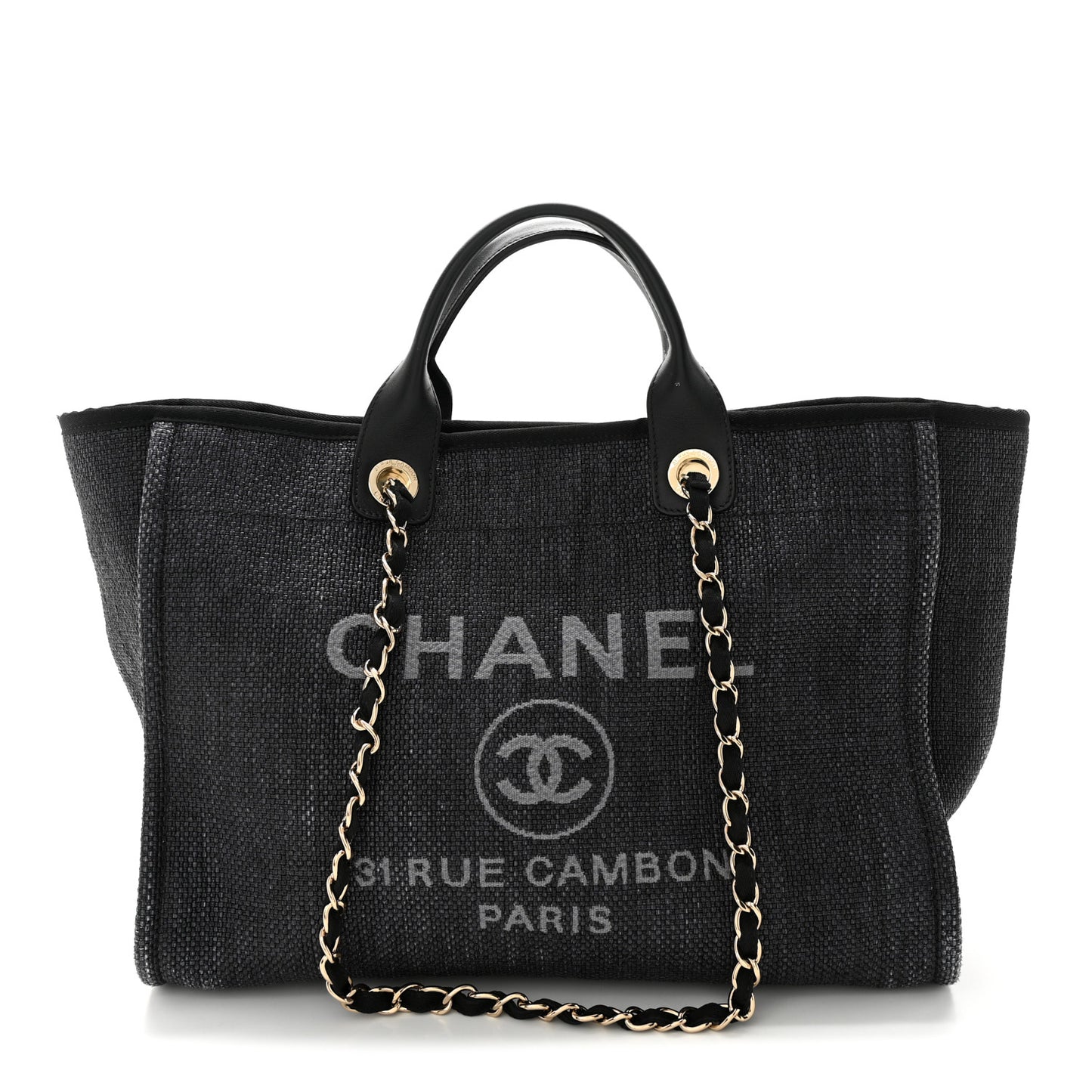 Woven Straw Raffia Medium Deauville Tote Black