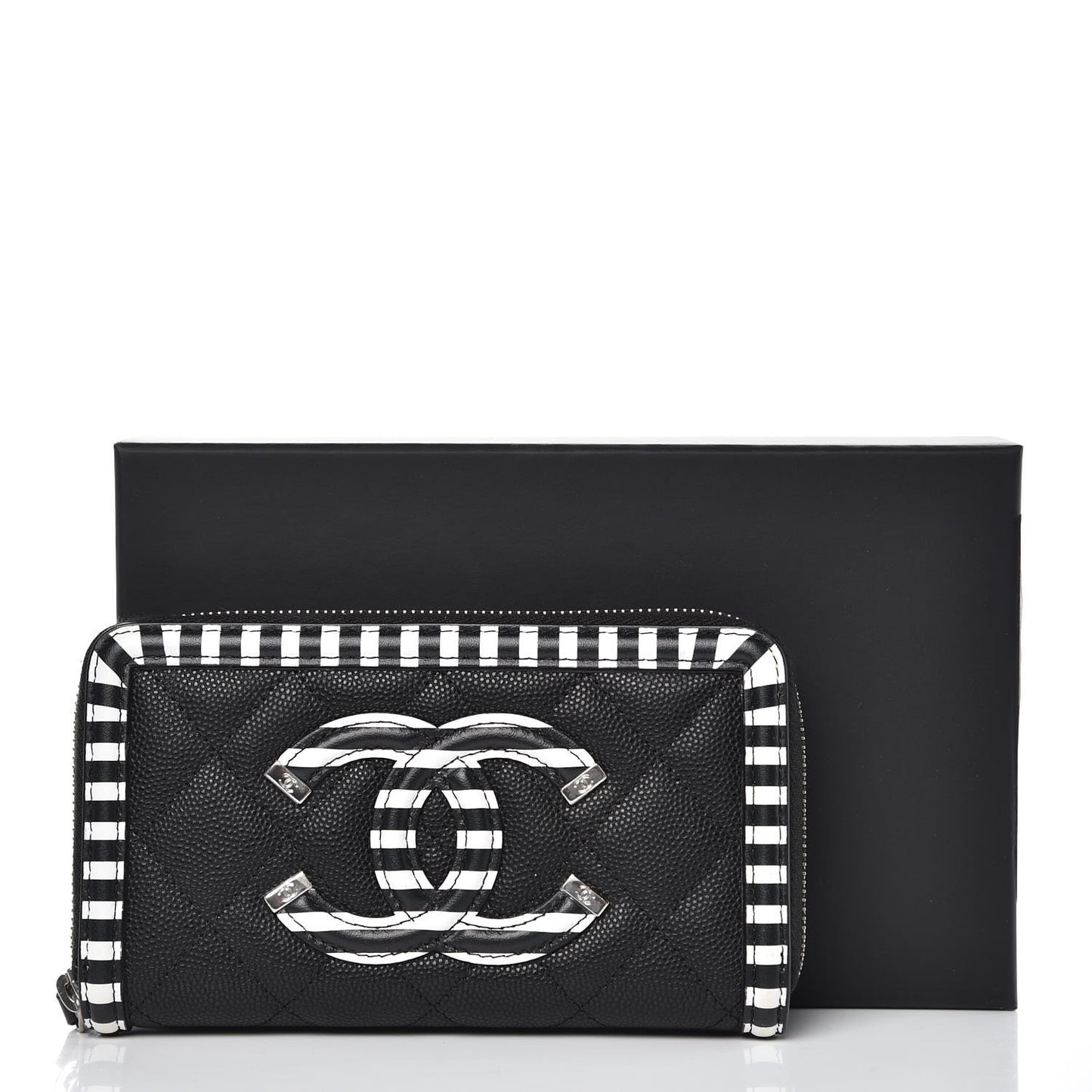 Caviar Quilted Stripe Filigree Zip Wallet Black White