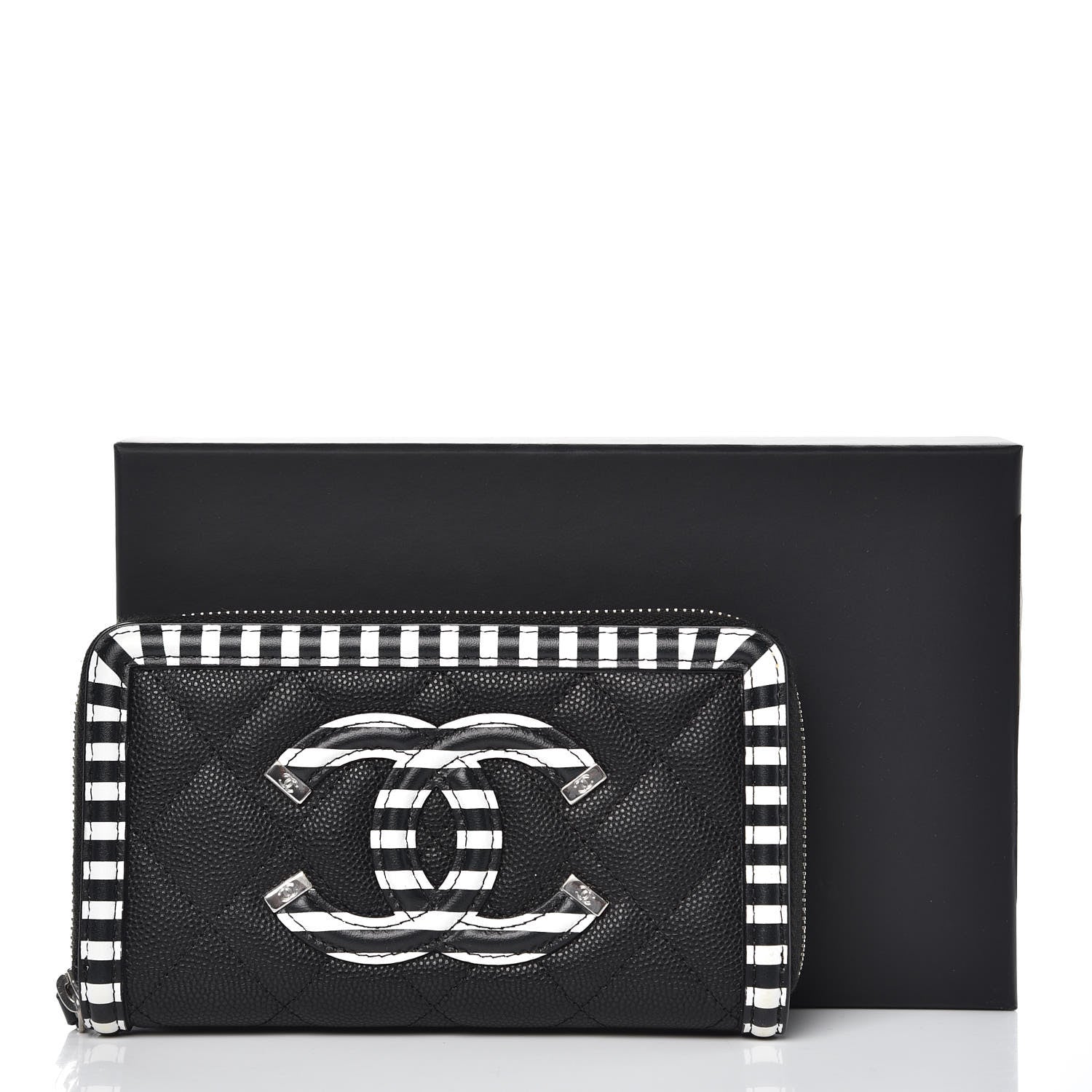 Chanel Caviar Quilted Stripe Filigree Zip Wallet Black White 9 of 10