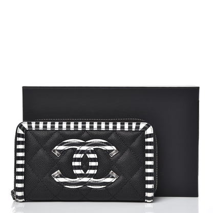 Chanel Caviar Quilted Stripe Filigree Zip Wallet Black White 9 of 10
