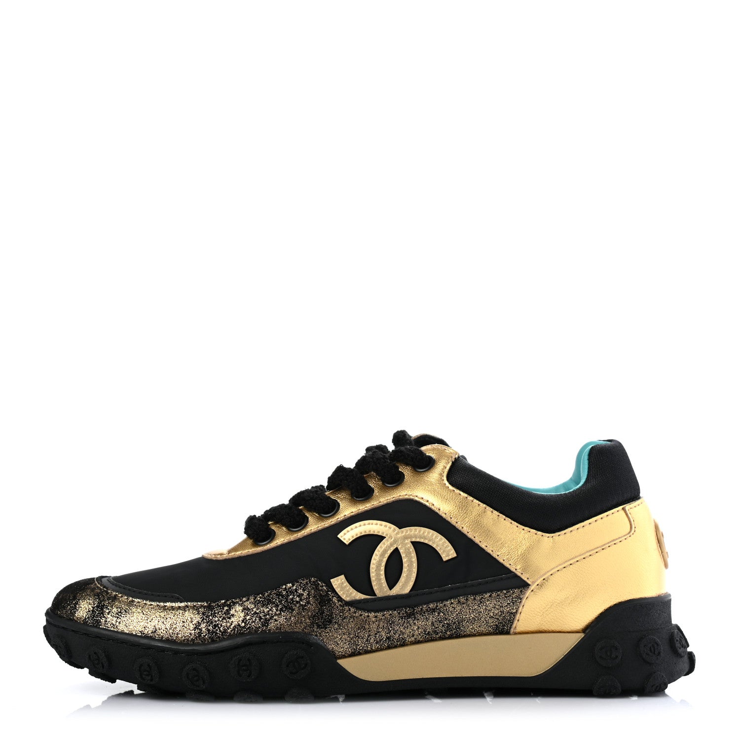 Chanel Metallic Lambskin Satin Finish Womens CC Sneakers 37 Black Gold 1 of 8