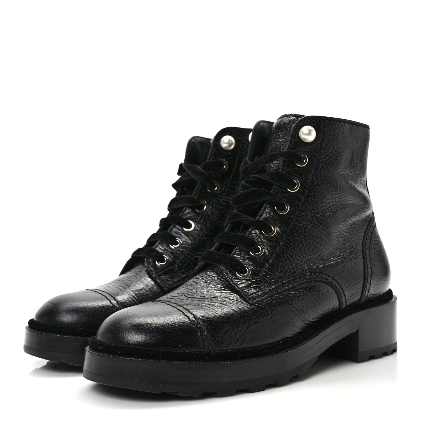 Shiny Calfskin Velvet Pearl Combat Short Boots 38.5 Black