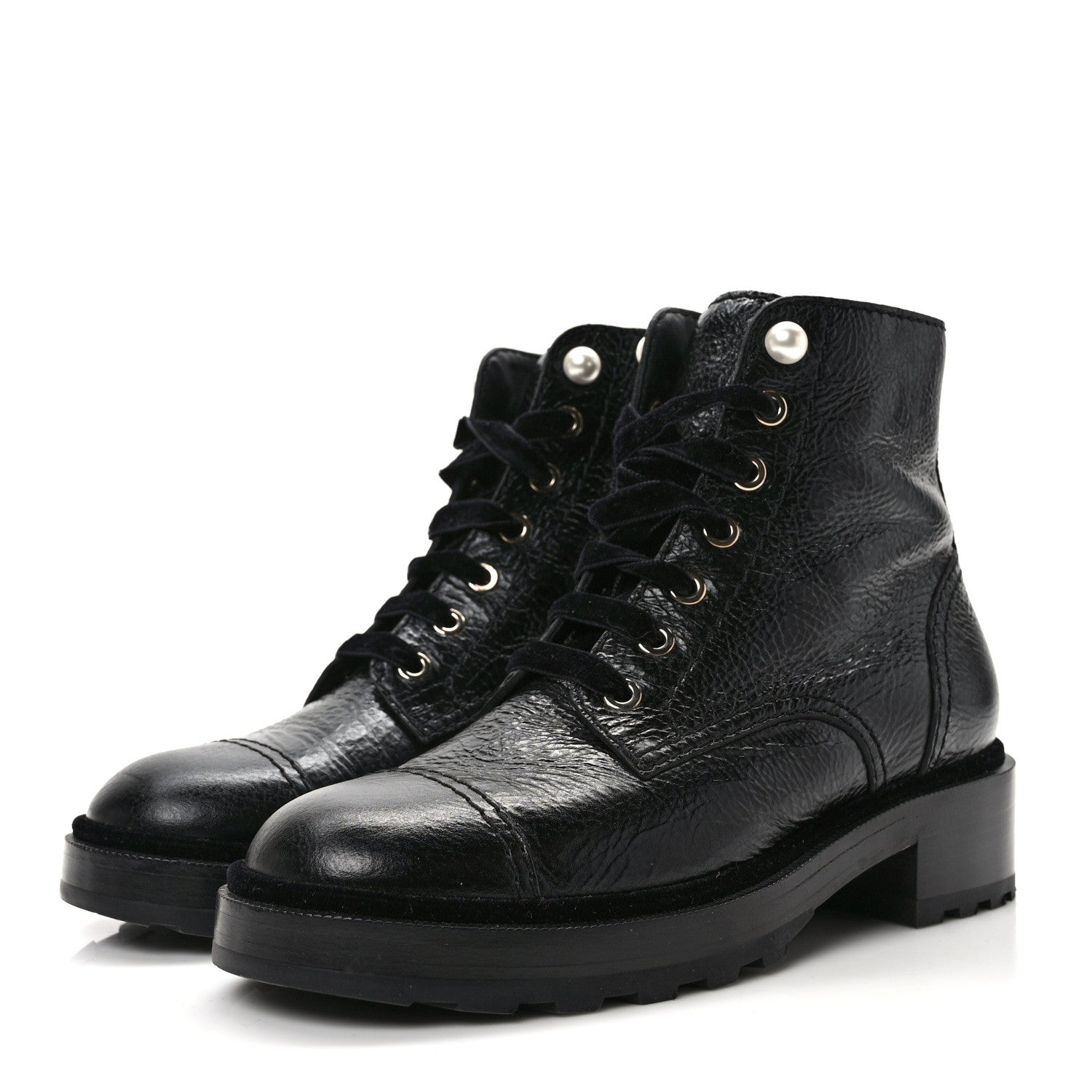 Chanel Shiny Calfskin Velvet Pearl Combat Short Boots 38.5 Black 3 of 9