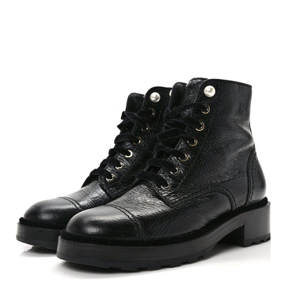 Chanel Shiny Calfskin Velvet Pearl Combat Short Boots 38.5 Black 3 of 9