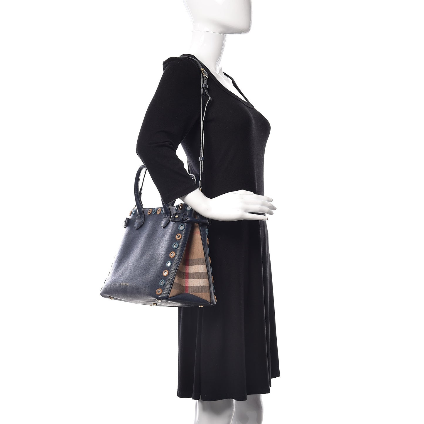 Calfskin House Check Mirror Embroidery Medium Banner Tote Blue