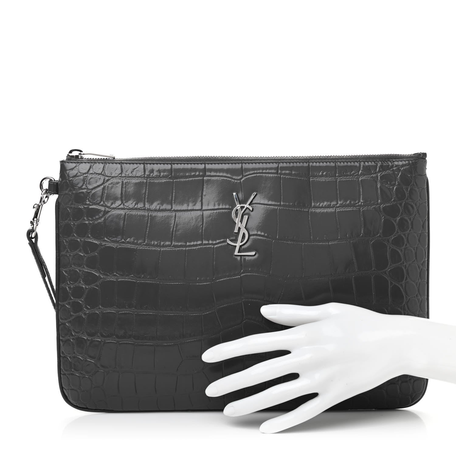 Saint Laurent Calfskin Crocodile Embossed Tablet Pouch Storm 2 of 8