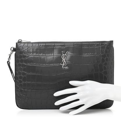 Saint Laurent Calfskin Crocodile Embossed Tablet Pouch Storm 2 of 8