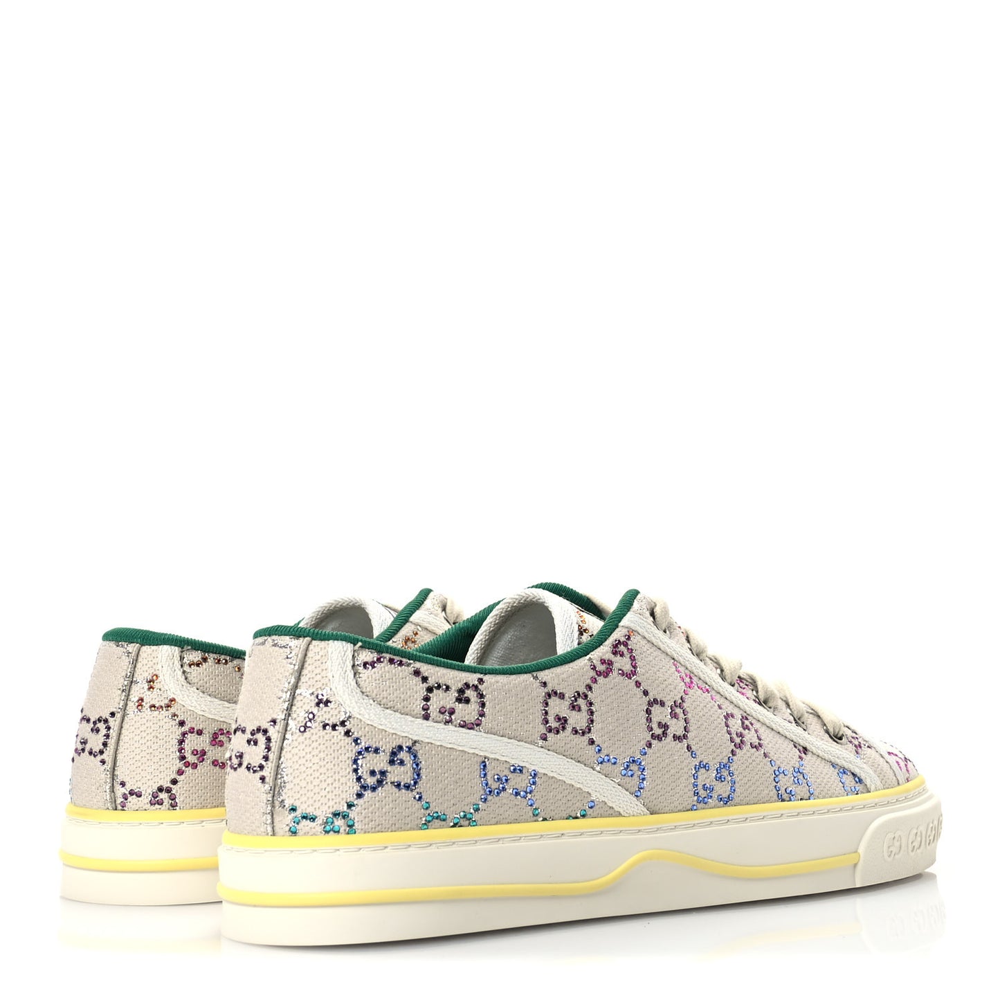 Canvas Lame Crystal GG Monogram Womens 1977 Tennis Sneakers 41 Gardenia Silver Mystic White