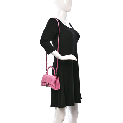 Balenciaga Shiny Calfskin Crocodile Embossed Hourglass Top Handle Bag XS Pink 2 of 9